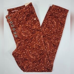 NWT Anthropologie Pilcro High Rise Button Fly Skinny Corduroy Orange Motif Sz 28